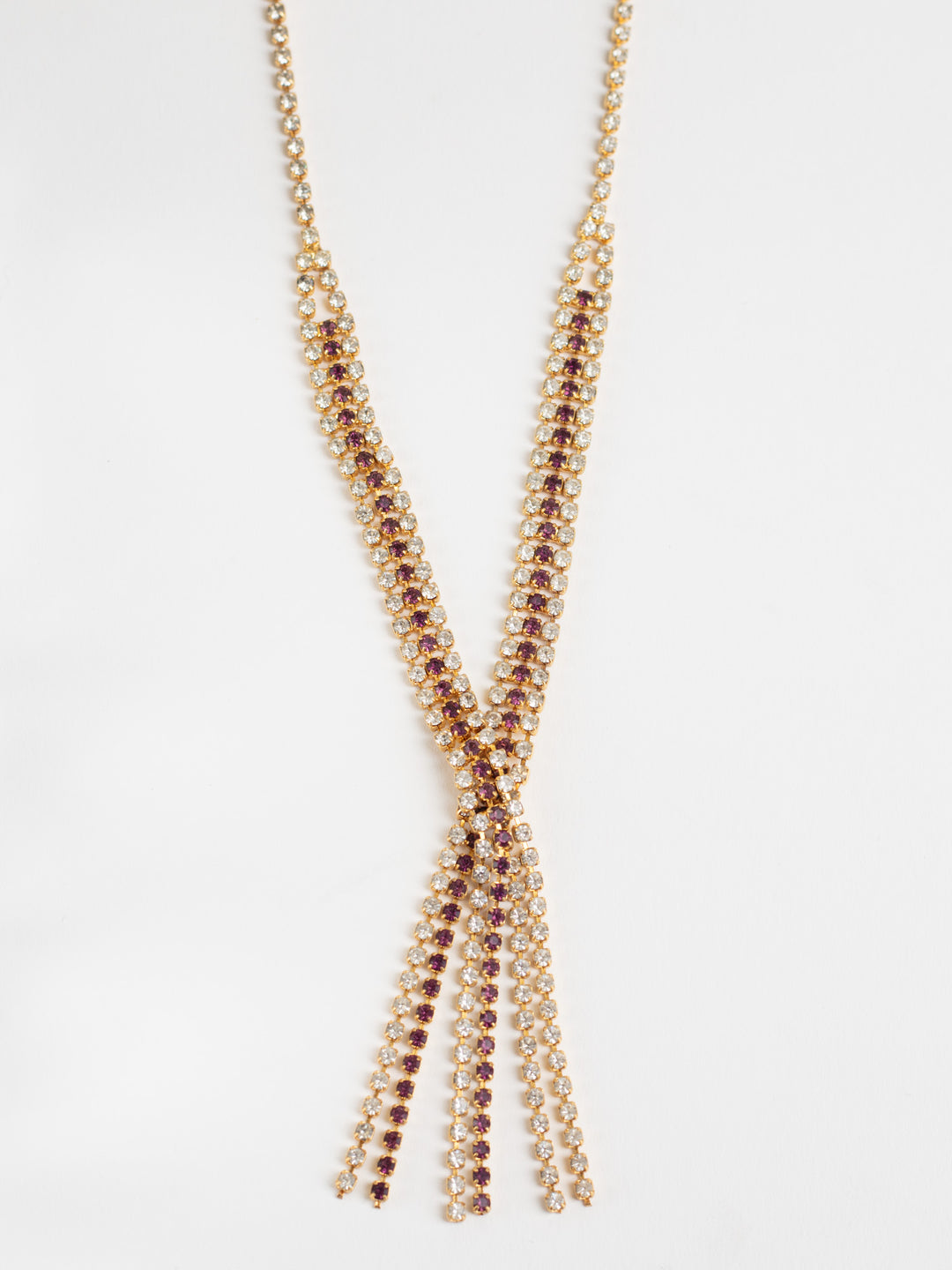 Vintage 80. gadu zelta toņa kaklarota ar violetiem un caurspīdīgiem rhinestones dimantiem