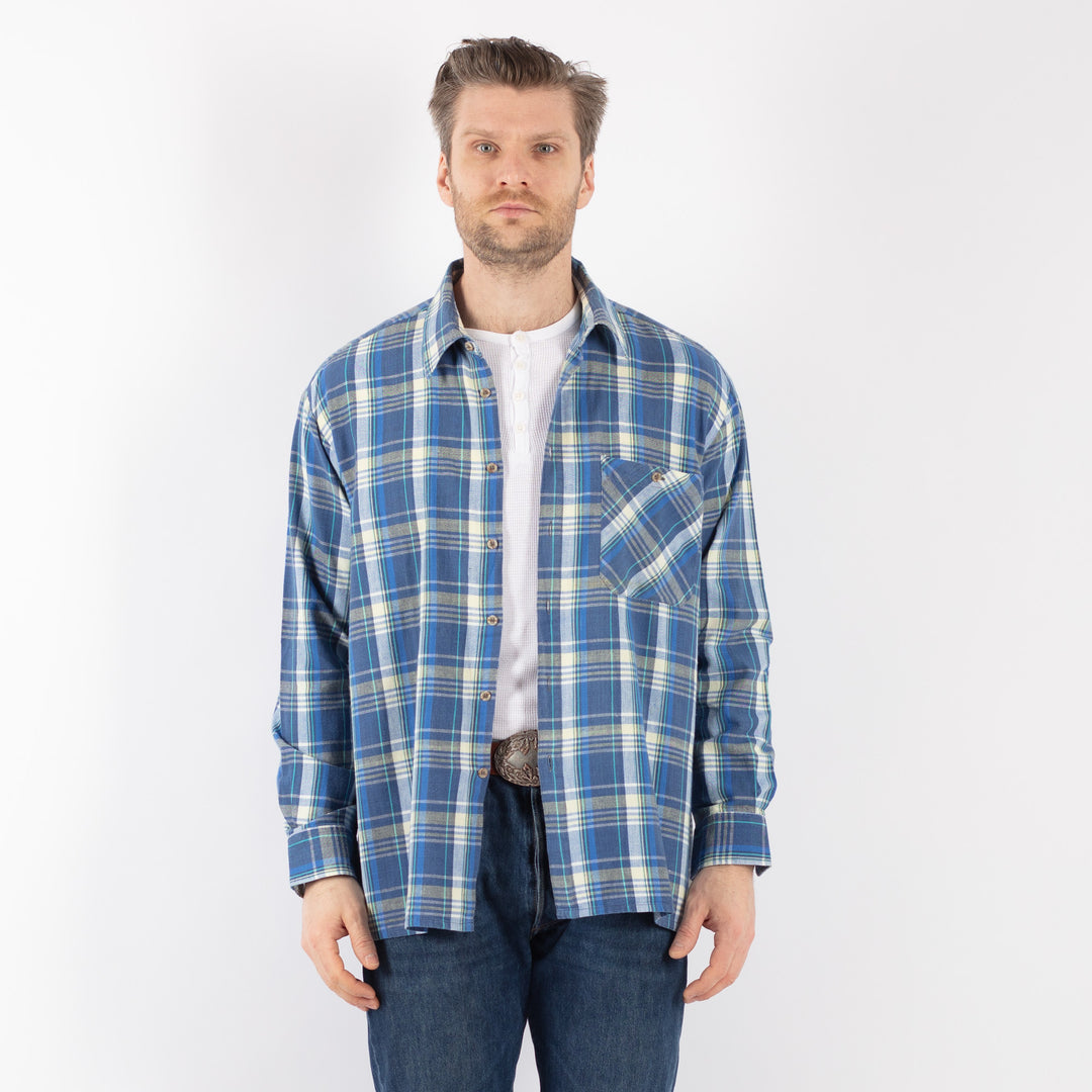 Vintage 70's Men Plaid Flannel Shirt in BlueZ1138