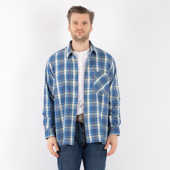 Vintage 70's Men Plaid Flannel Shirt in BlueZ1138