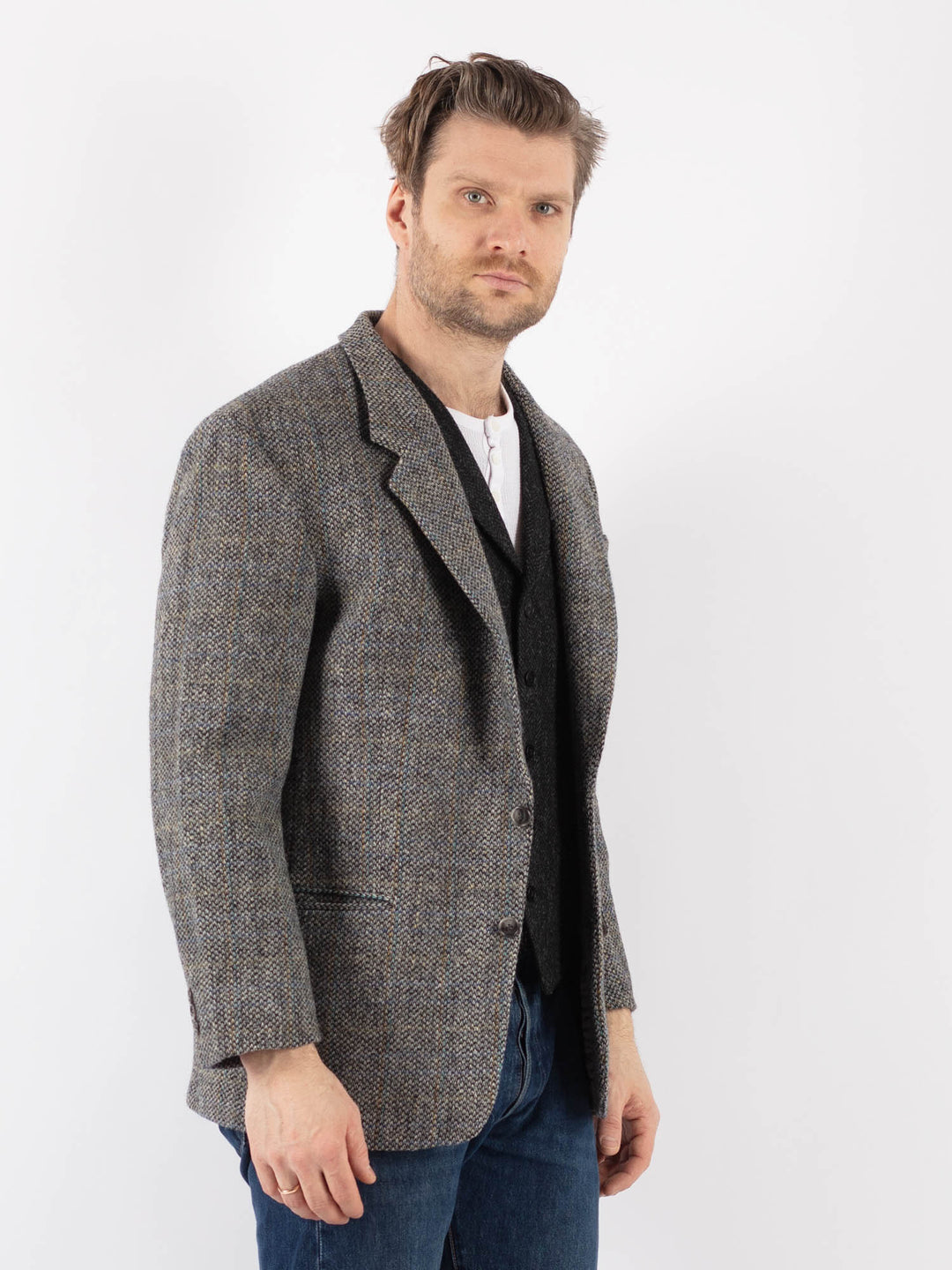 Vintage 70's Men Harris Tweed Jacket in GrayZ1206