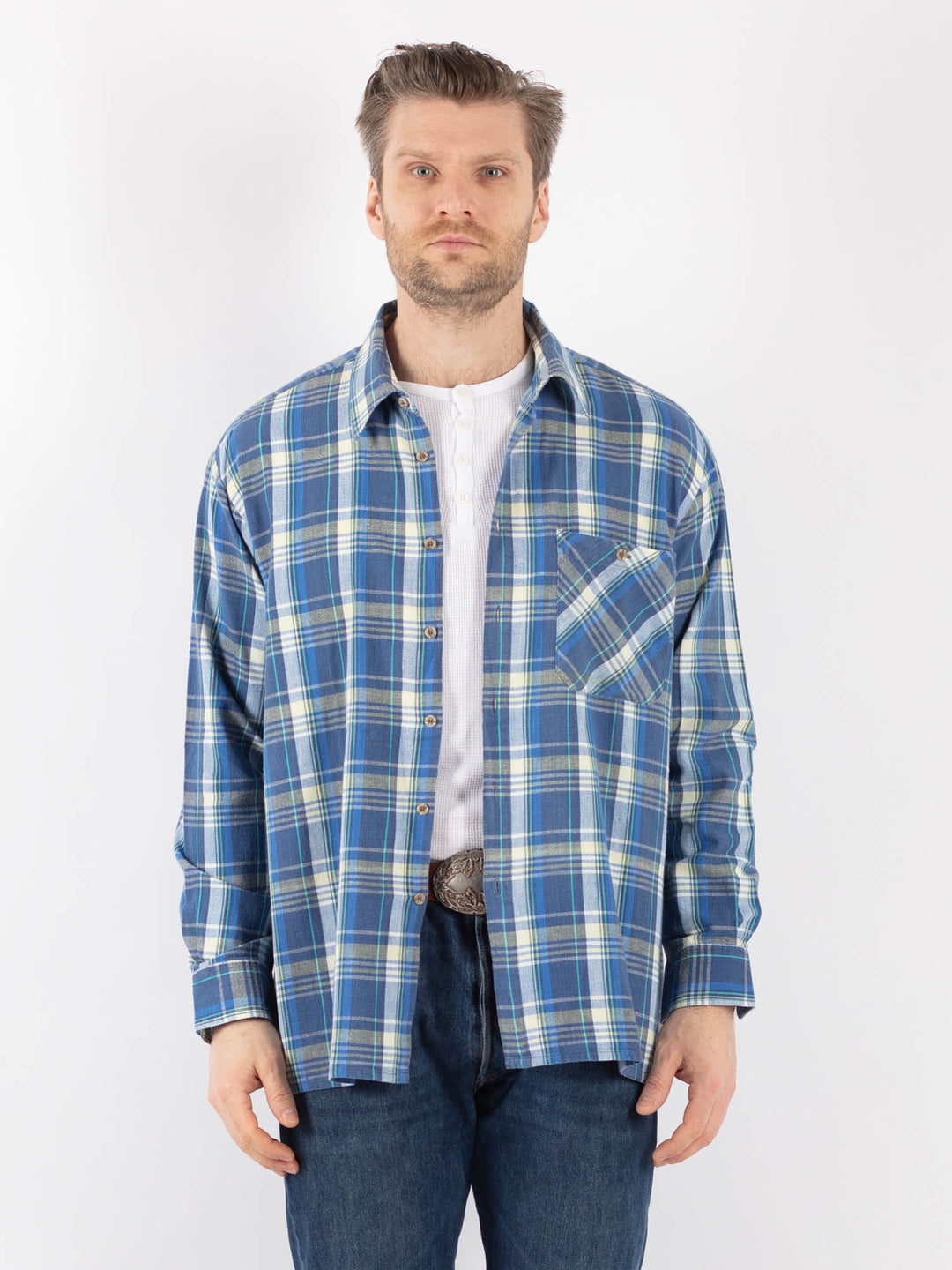 Vintage 70's Men Plaid Flannel Shirt in BlueZ1138