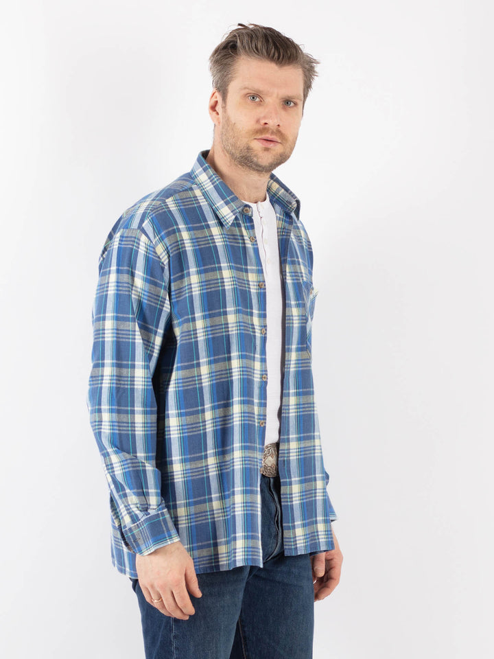 Vintage 70's Men Plaid Flannel Shirt in BlueZ1138