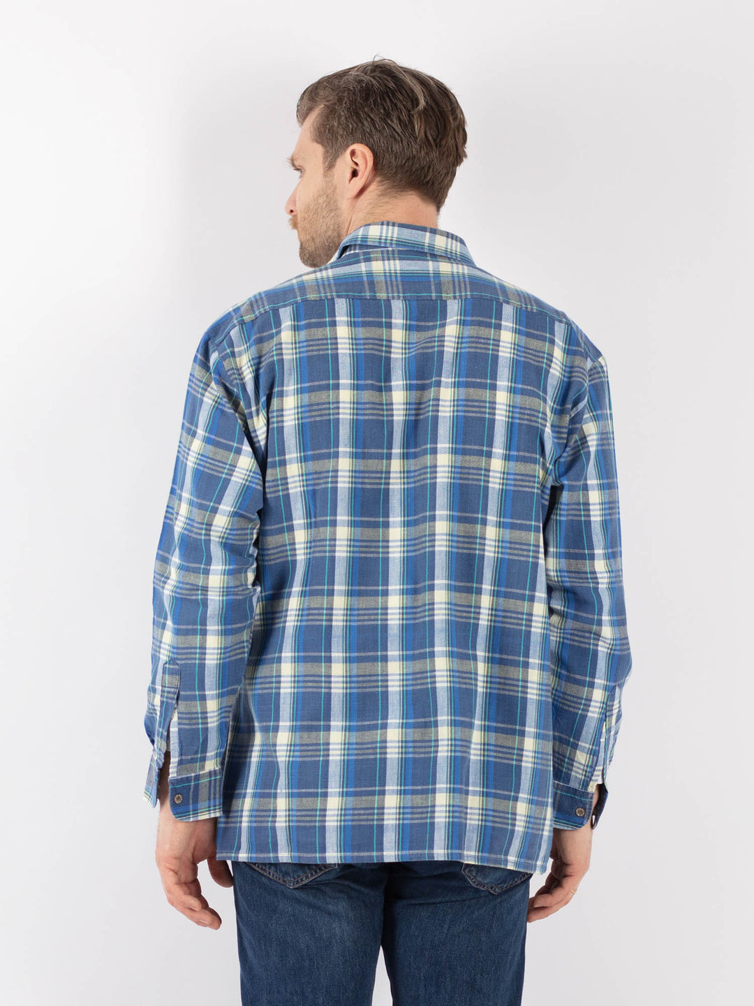 Vintage 70's Men Plaid Flannel Shirt in BlueZ1138