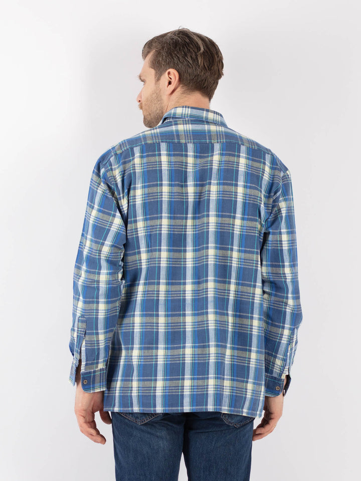 Vintage 70's Men Plaid Flannel Shirt in BlueZ1138