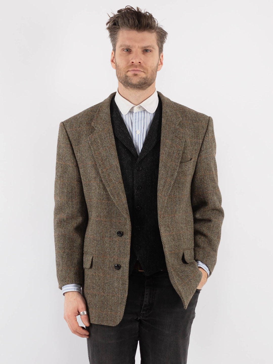 Vintage 80's Men Harris Tweed Jacket in Olive Green - NorthernGrip