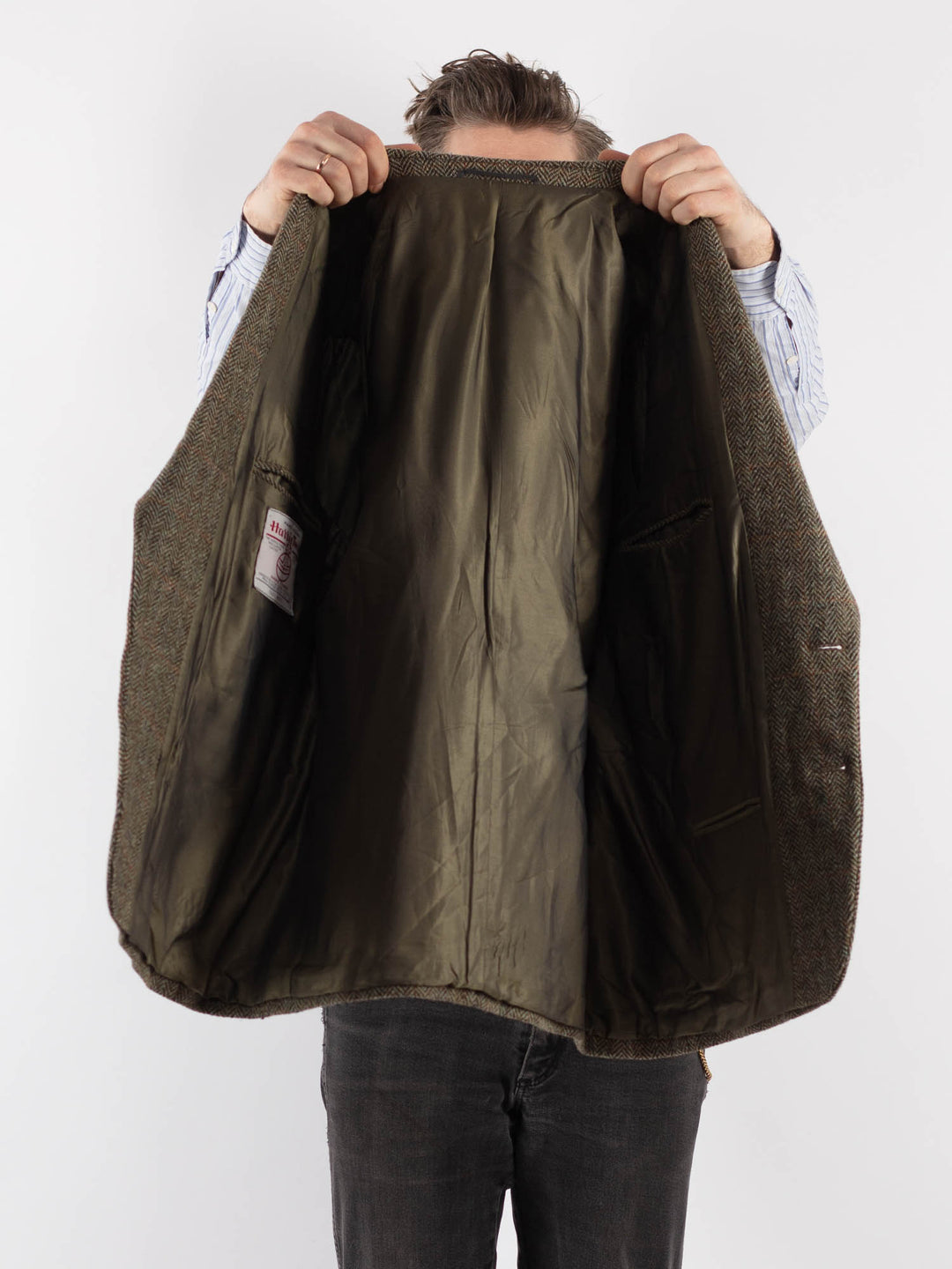 Vintage 80's Men Harris Tweed Jacket in Olive Green - NorthernGrip