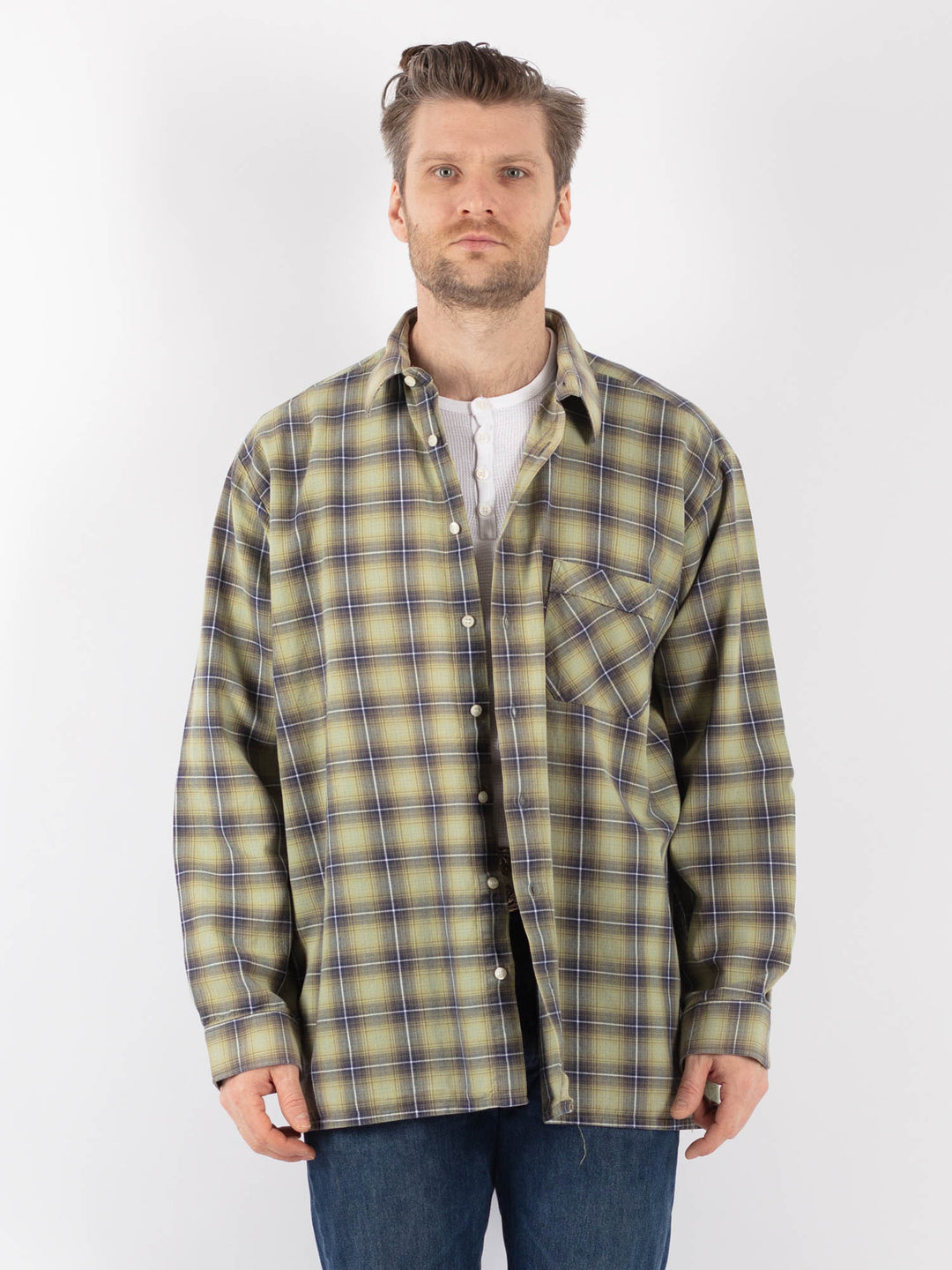 Vintage 80's Men Plaid Flannel Shirt in GreenZ1140