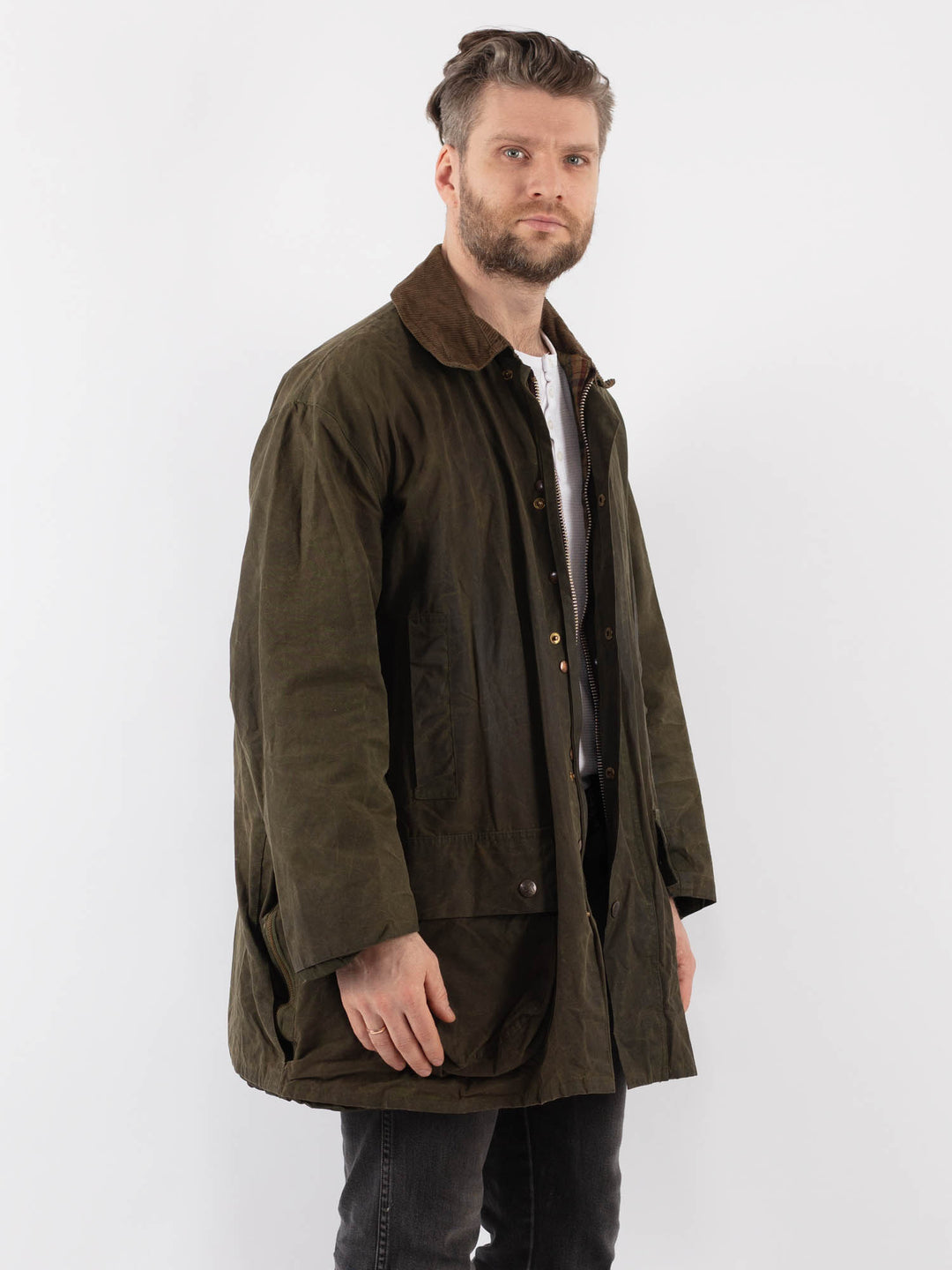 Vintage 80's Men Waxed Canvas Jacket in GreenZ894