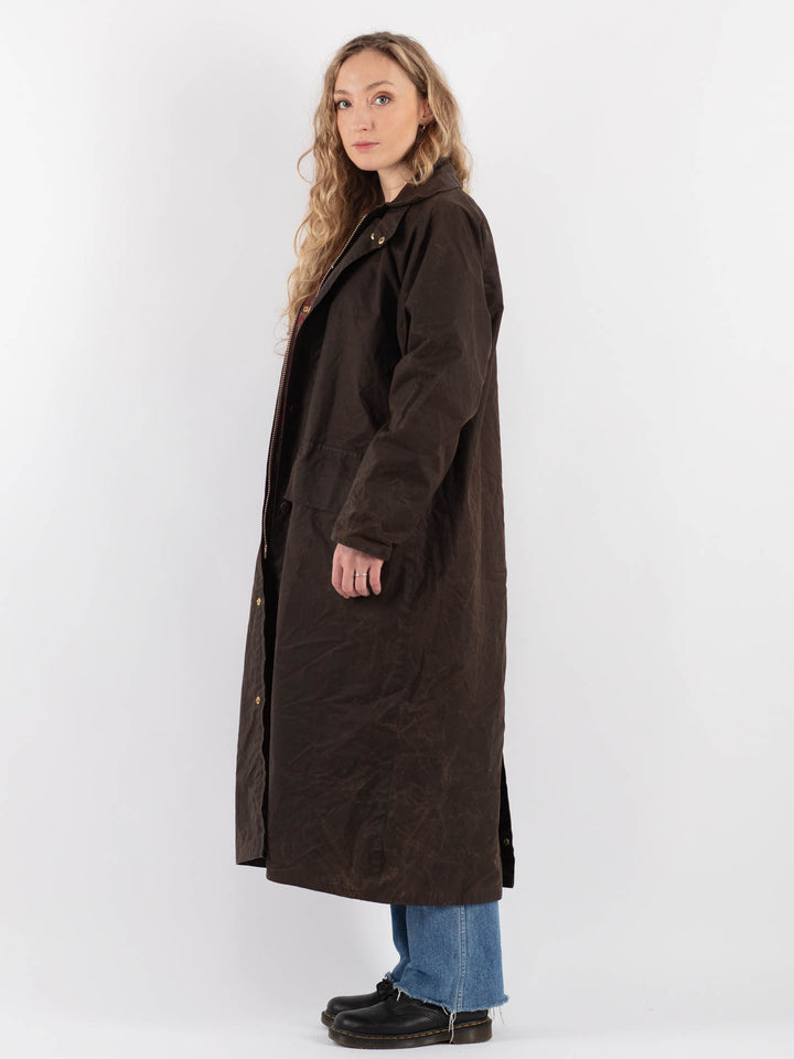 Vintage 80's Women Waxed Cotton Long Coat in Brown (šujas, atstāt draftos) - NorthernGrip