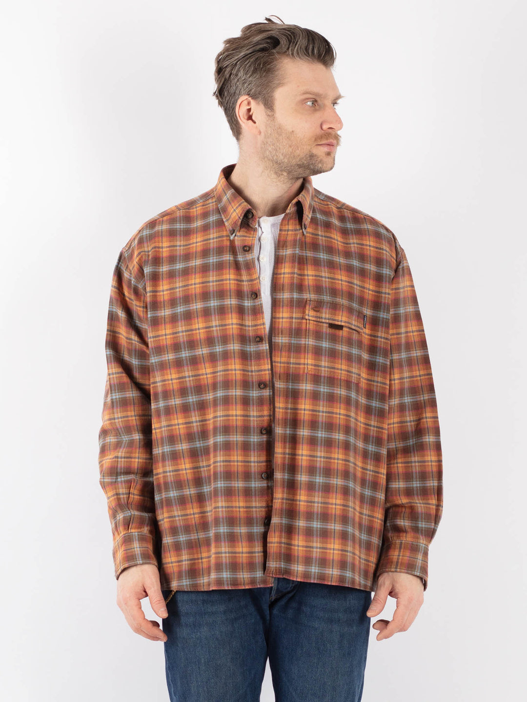 Vintage 90's Men Plaid Flannel Shirt in BrownZ1148