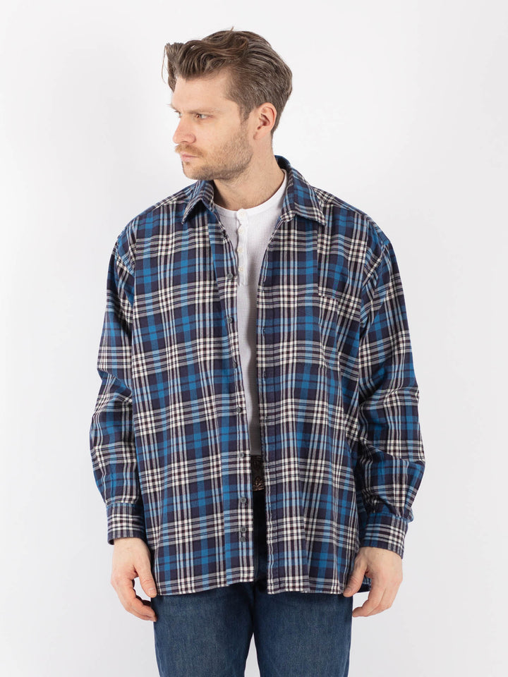 Vintage 90's Men Plaid Flannel Shirt in BlueZ1164