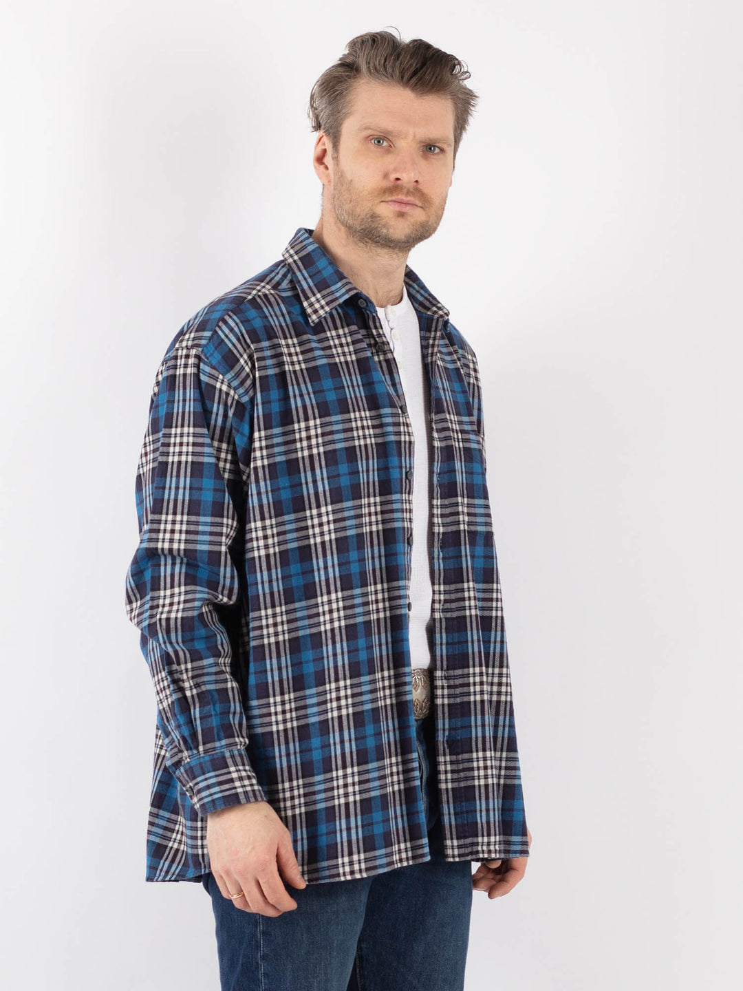 Vintage 90's Men Plaid Flannel Shirt in BlueZ1164