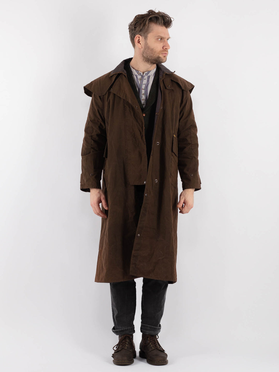 Vintage 90's Men Driza Bone Waxed Canvas Riding Coat in Brown - NorthernGrip