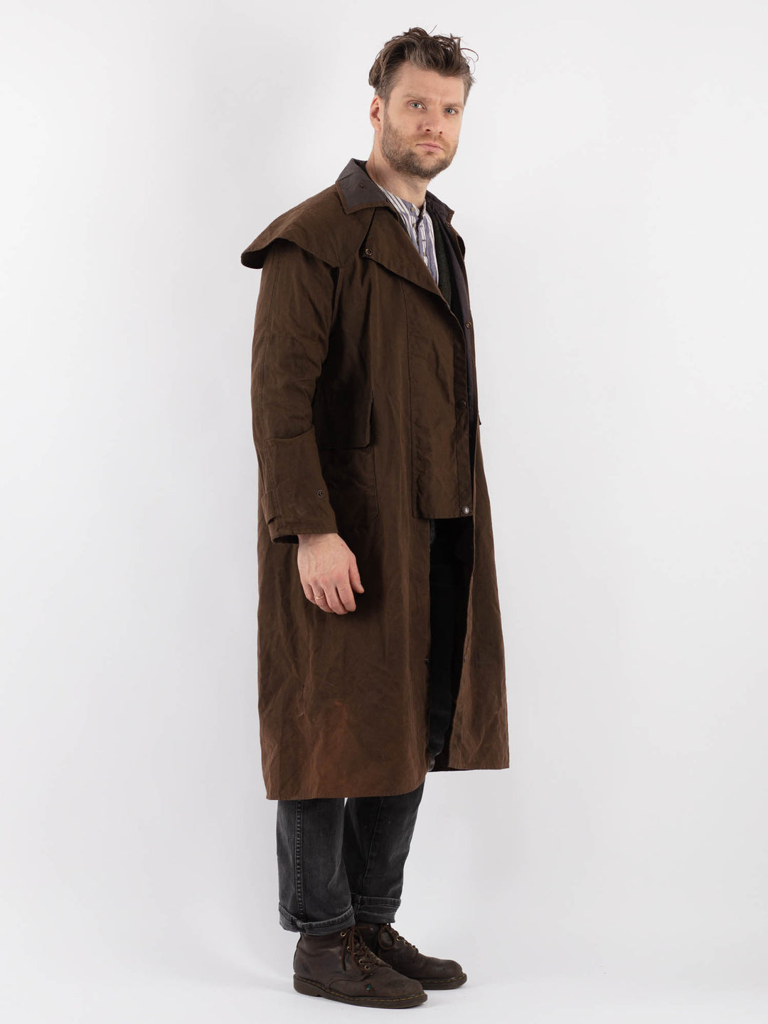 Vintage 90's Men Driza Bone Waxed Canvas Riding Coat in Brown - NorthernGrip