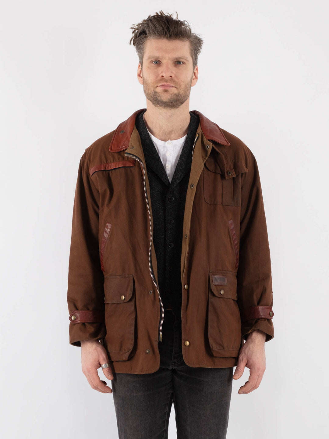 Vintage 90's Men Waxed Canvas Jacket in Brown - NorthernGrip