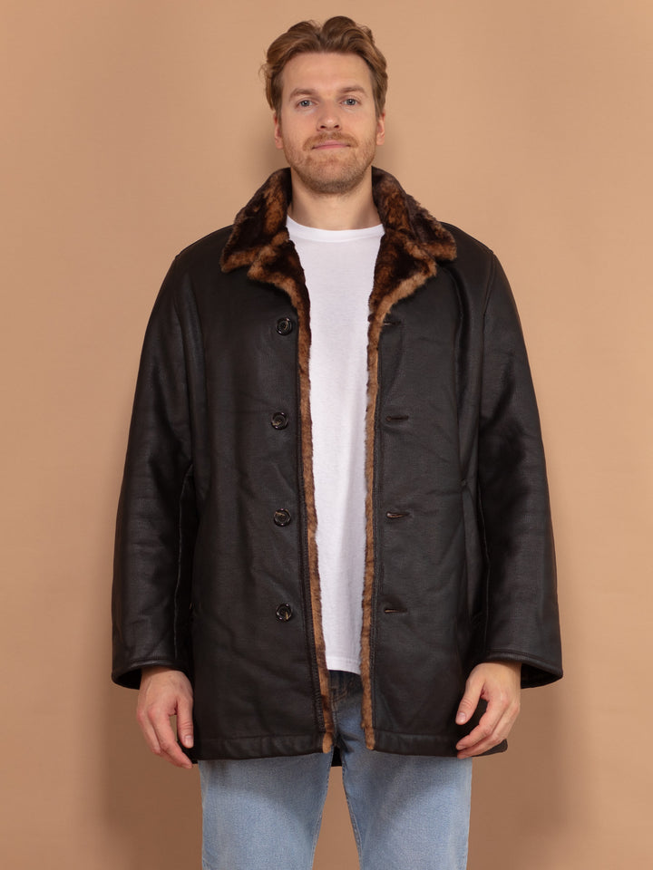 Vintage 00's Men Faux Leather Shearling Coat in Black - NorthernGrip