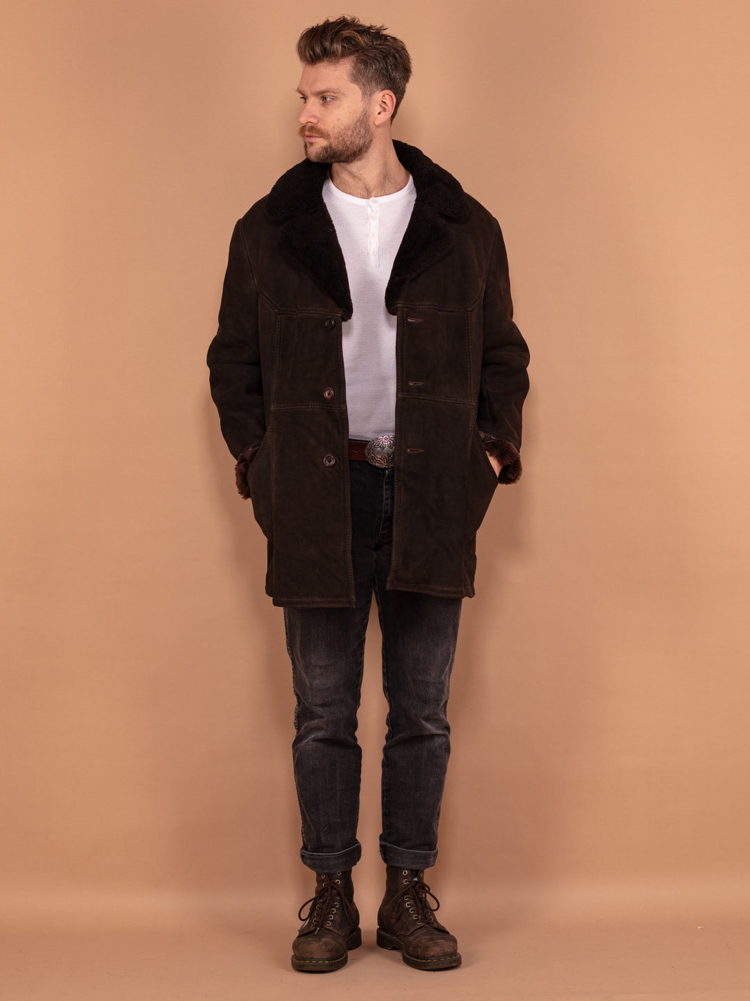 Vintage 70's Men Sheepskin Coat in Dark Brown - NorthernGrip