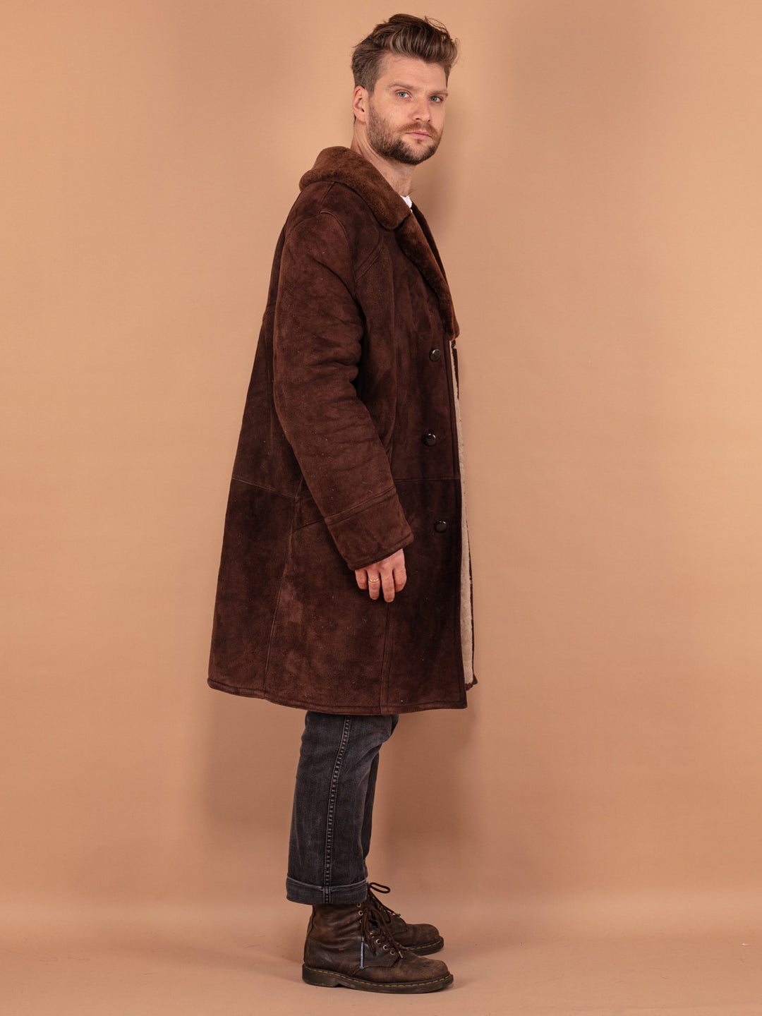 Vintage 70's Men Sheepskin Long Coat in Brown - NorthernGrip