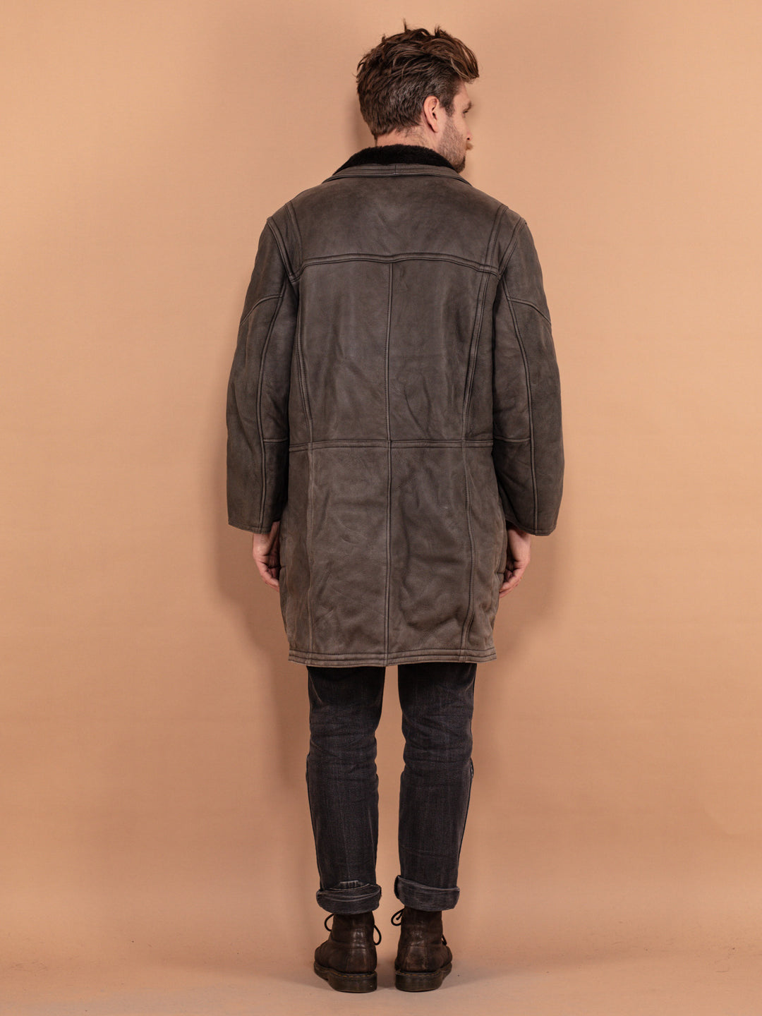 Vintage 80's Men Sheepskin Leather Coat in Gray - NorthernGrip