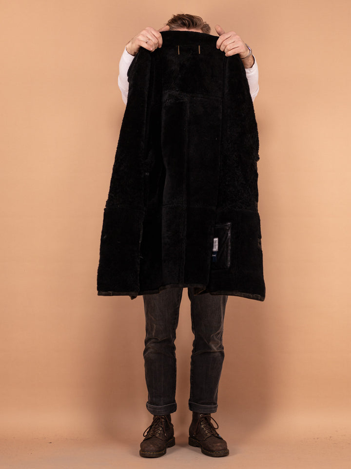Vintage 90's Men Sheepskin Shearling Coat in Black - NorthernGrip