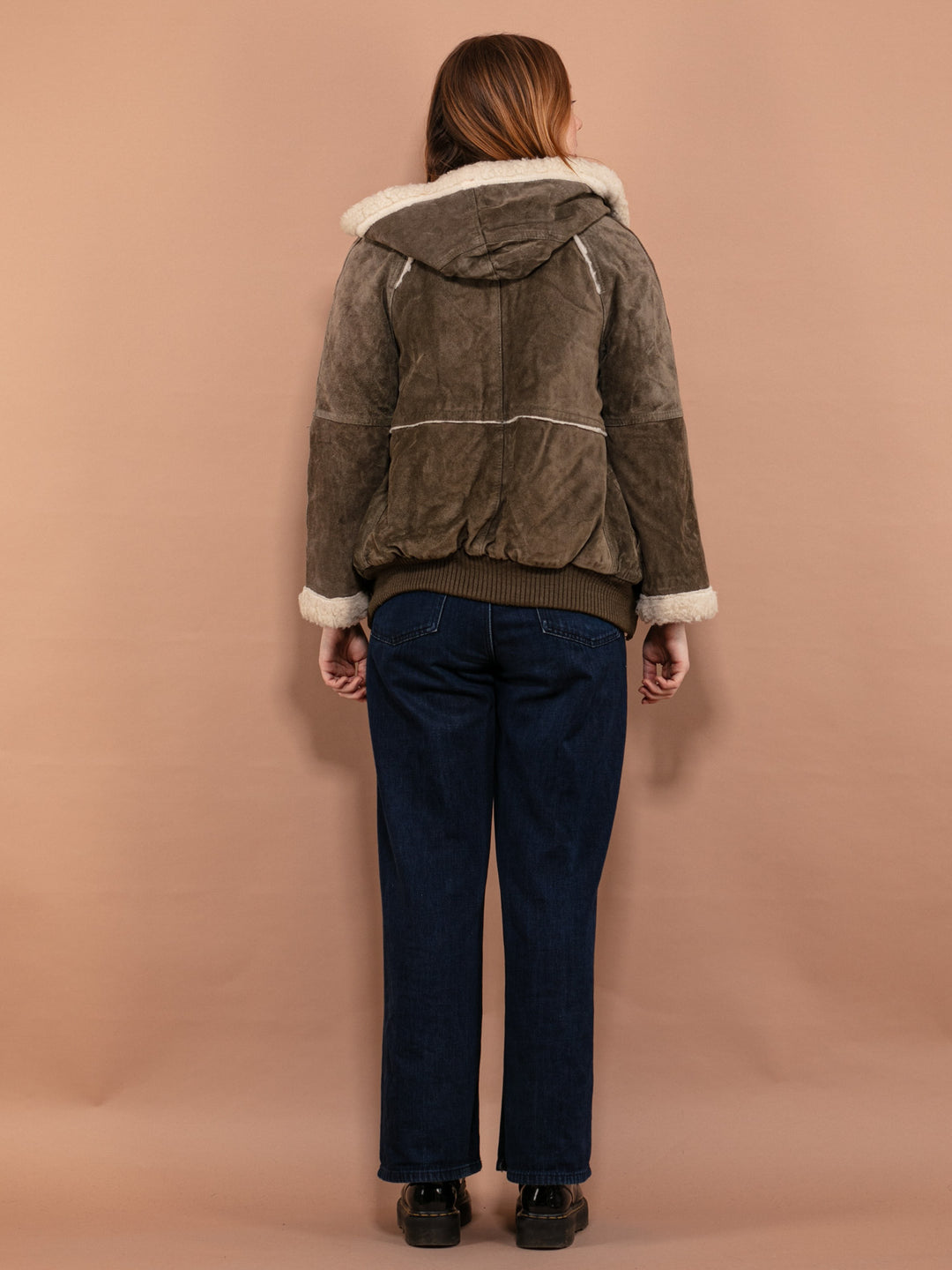 Vintage 90's Hooded Suede Sherpa Coat in Moss Green - NorthernGrip