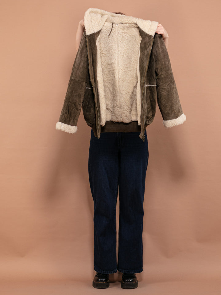 Vintage 90's Hooded Suede Sherpa Coat in Moss Green - NorthernGrip