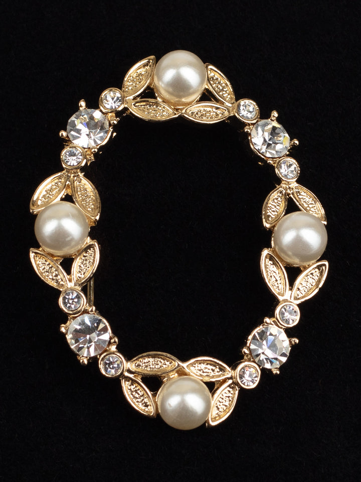 Vintage zelta toņa vainaga piespraude ar mākslīgām pērlēm un caurspīdīgiem rhinestones dimantiem
