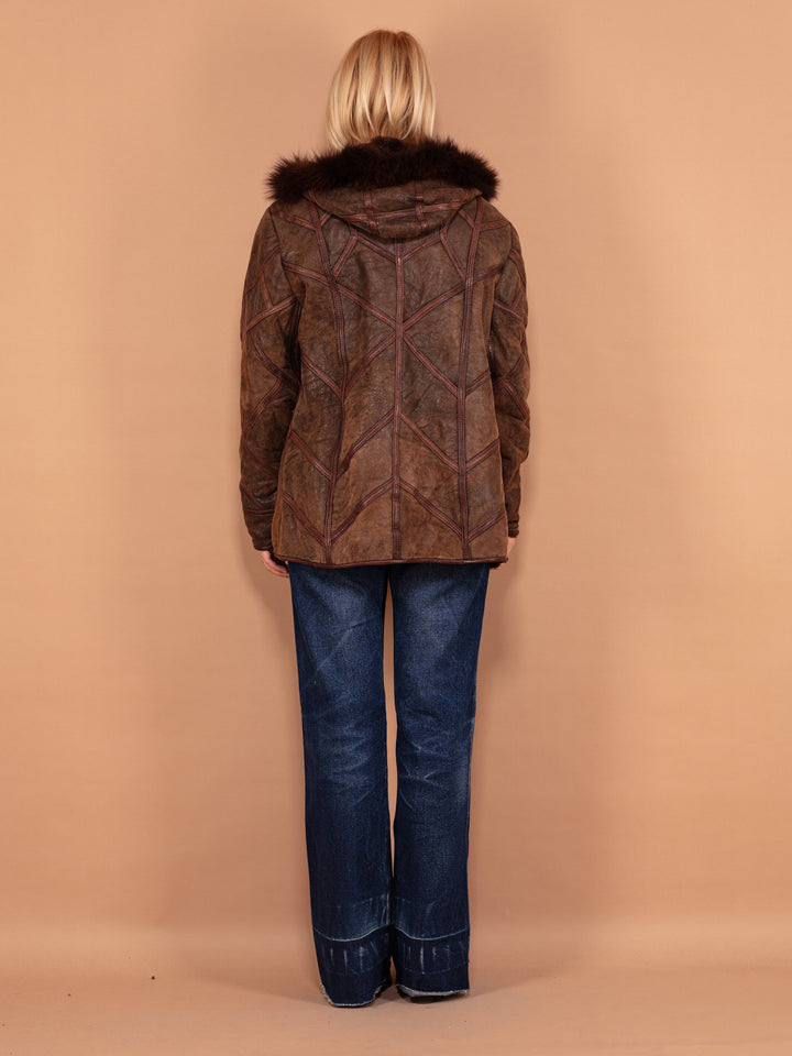 Vintage 90's Women Hooded Sheepskin Coat in Brown - NorthernGrip