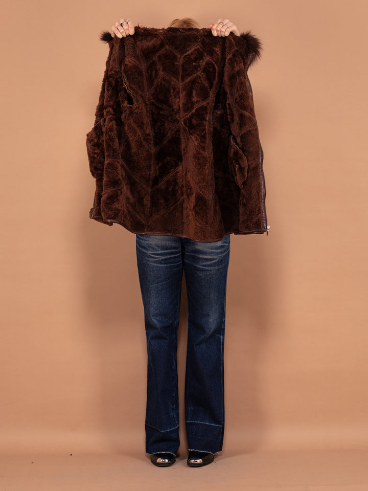 Vintage 90's Women Hooded Sheepskin Coat in Brown - NorthernGrip
