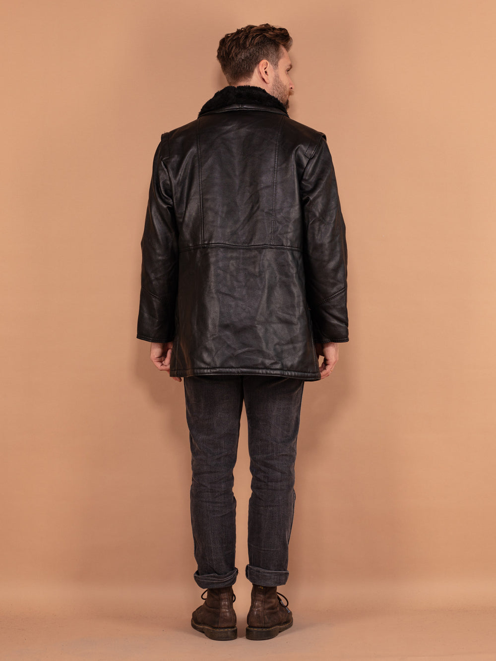 Vintage 90's Men Leather Sherpa Coat in Black - NorthernGrip