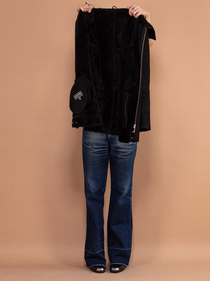Vintage 90's Women Sheepskin Coat in Black - NorthernGrip