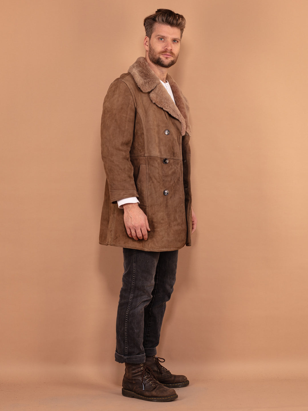 Vintage 70's Men Sheepskin Coat in Beige - NorthernGrip
