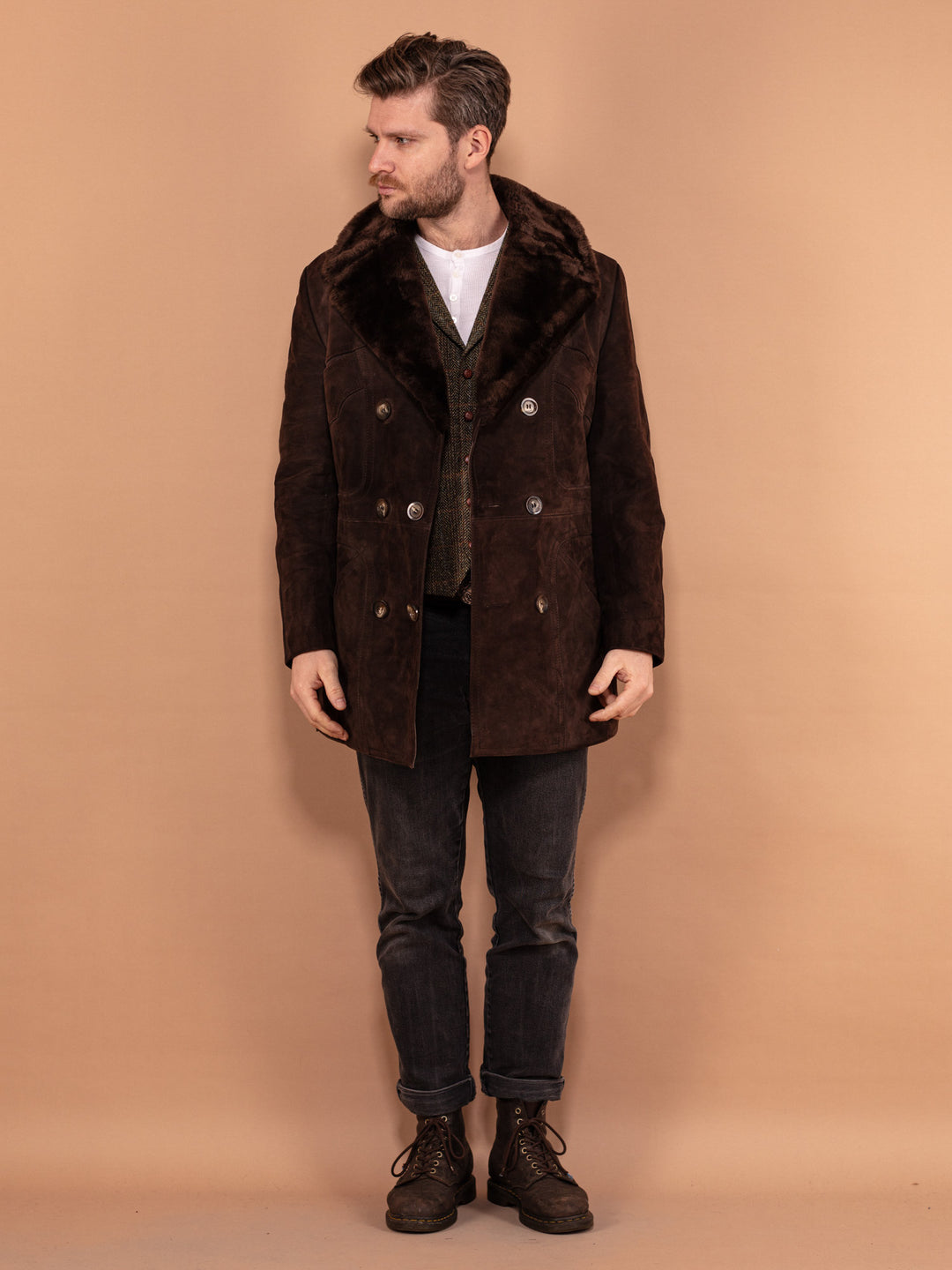 Vintage 70's Men Suede Sherpa Coat in Brown - NorthernGrip