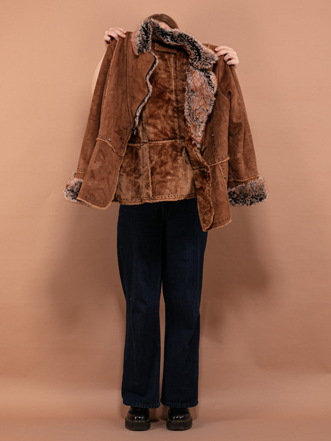 Vintage 90's Women Faux Sheepskin Coat in Brown - NorthernGrip