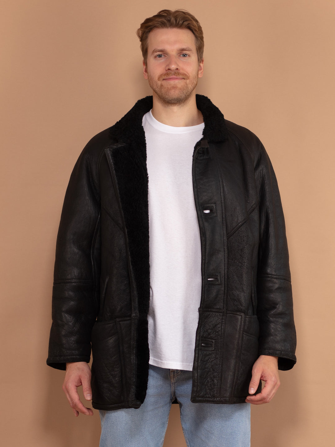 Vintage 80's Men Sheepskin Coat in Black - NorthernGrip