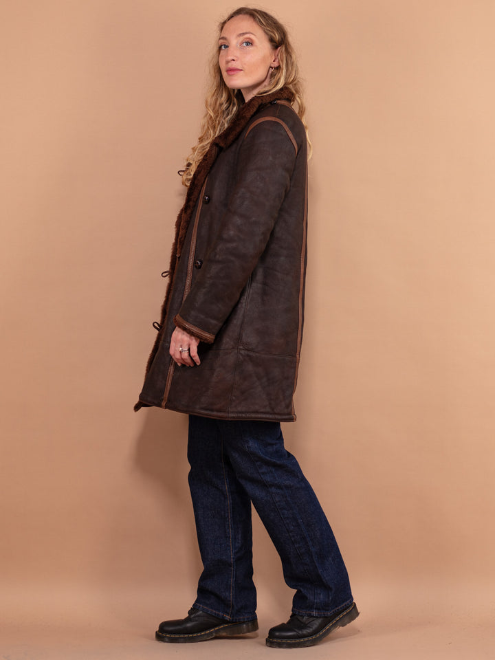 Vintage 90's Women Sheepskin Shearling Coat in Brown - NorthernGrip
