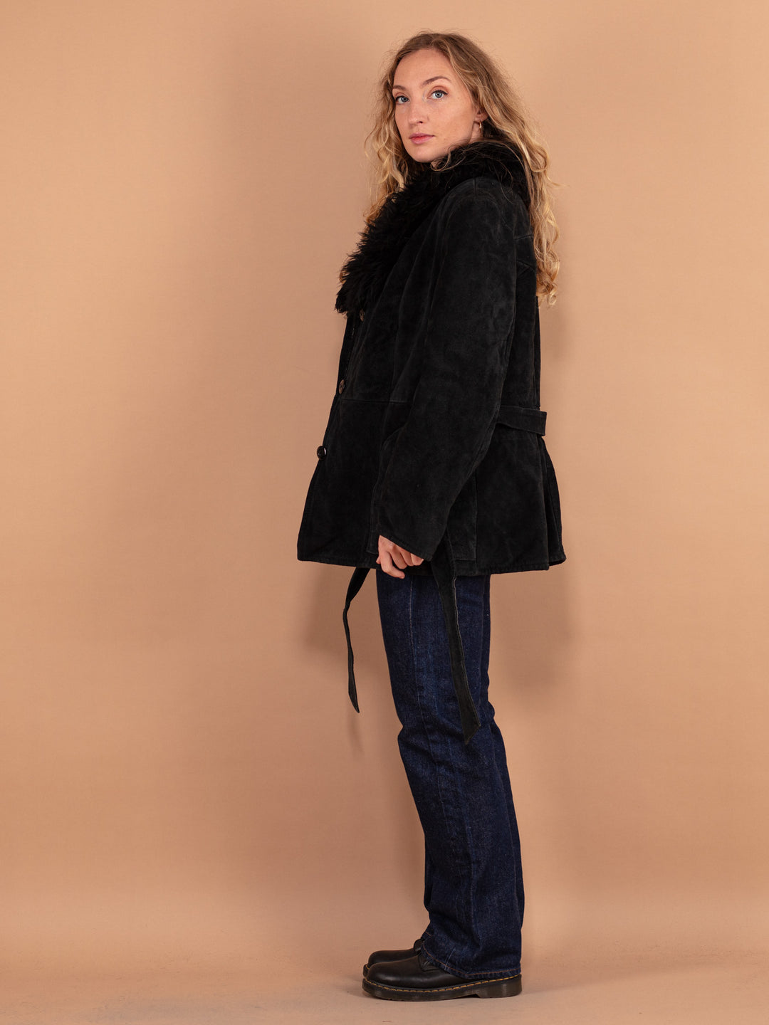 Vintage 70's Women Suede Sherpa Coat in Black - NorthernGrip