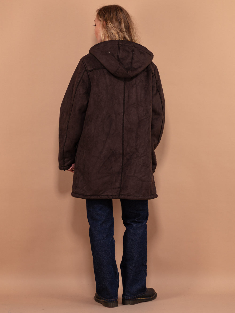 Vintage 90's Hooded Faux Sheepskin Coat in Brown - NorthernGrip