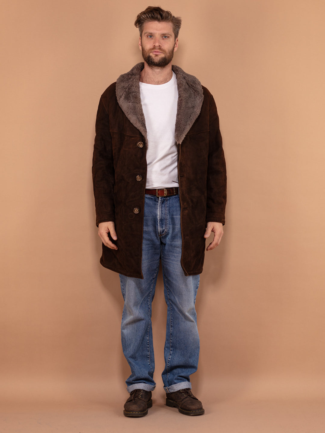 Vintage 80's Men Sheepskin Suede Coat in Brown - NorthernGrip