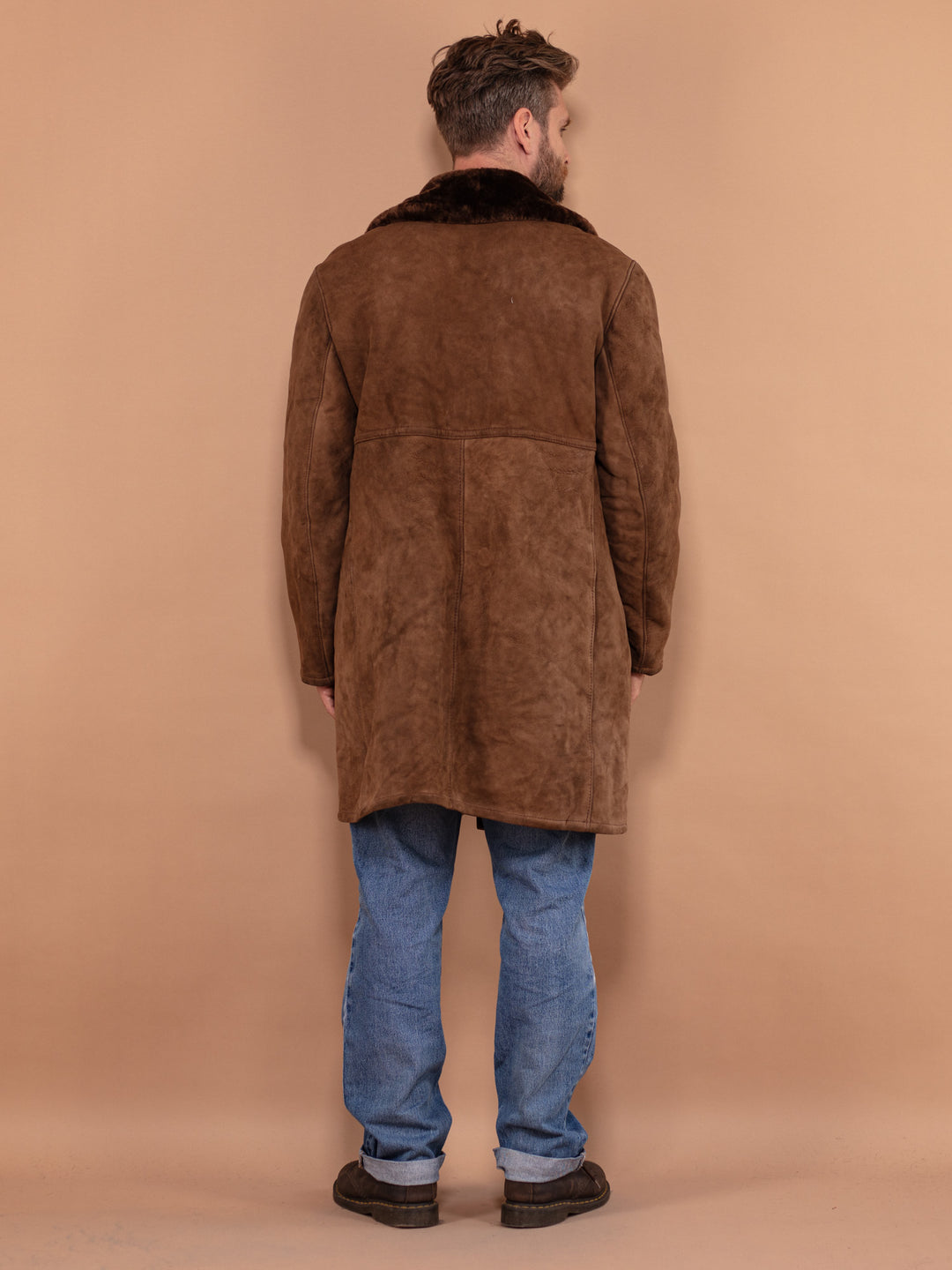 Vintage 70's Men Sheepskin Suede Coat in Brown - NorthernGrip