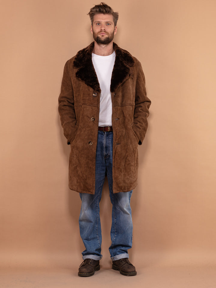 Vintage 70's Men Sheepskin Suede Coat in Brown - NorthernGrip