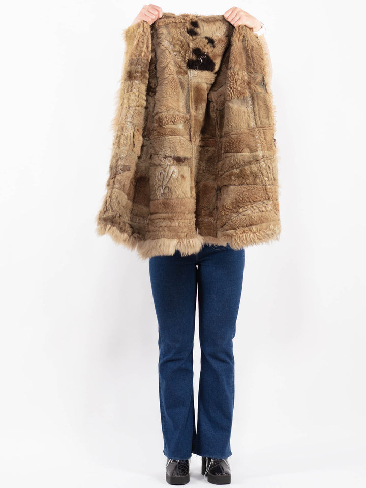 Vintage 70's Leather Sheepskin Shearling Coat Hooded Brown Leather