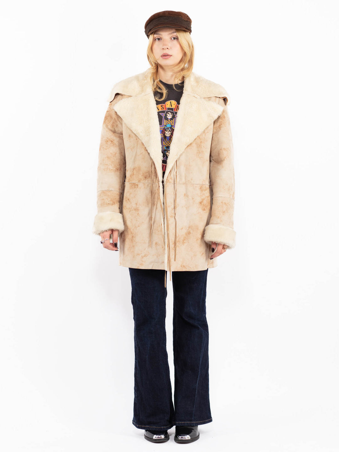Vintage 90. gadu Penny Lane mākslīgās aitādas mētelis bēšā krāsā