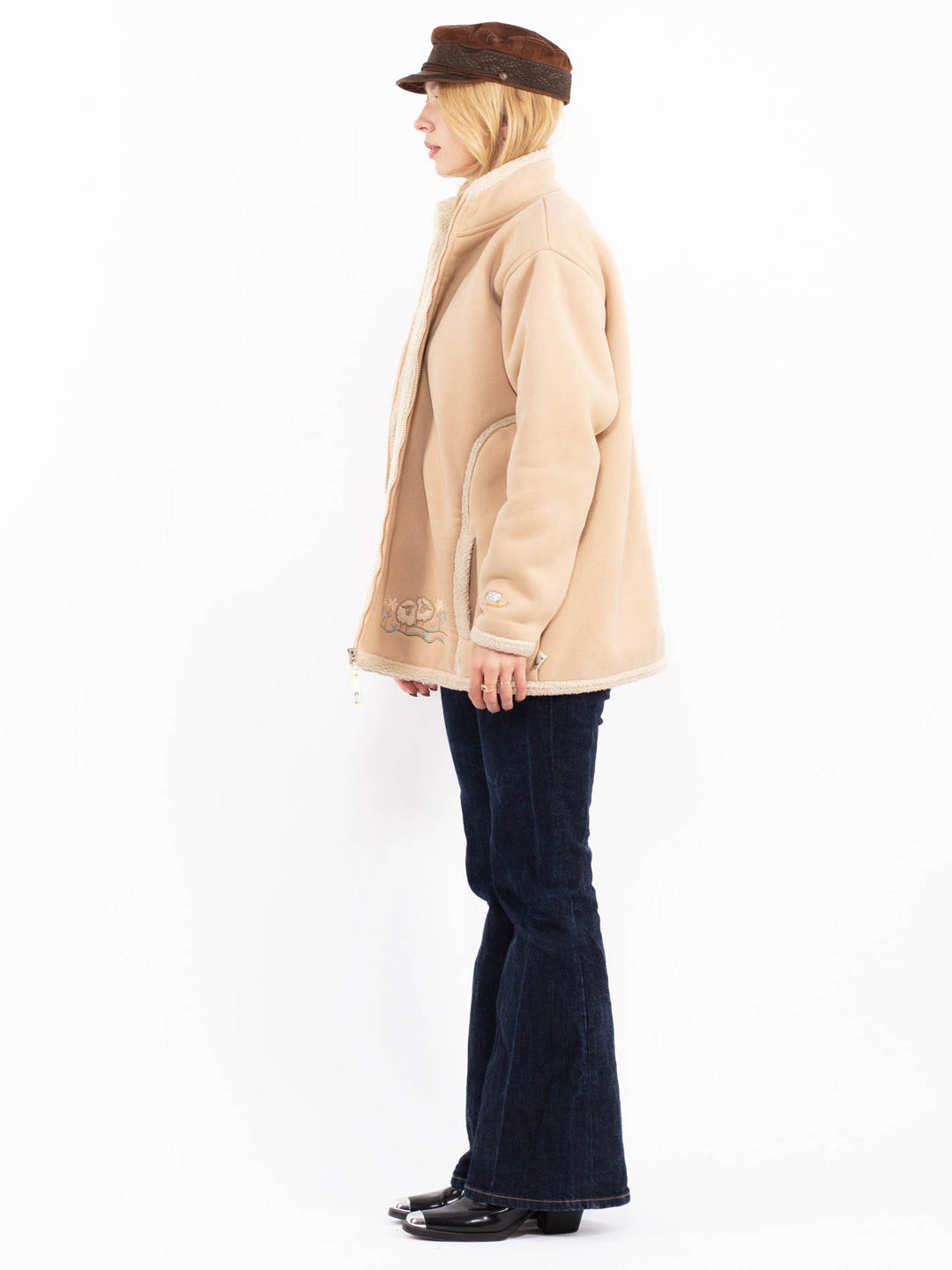 Vintage 00. gadu sieviešu mākslīgās aitādas mētelis bēšā krāsā