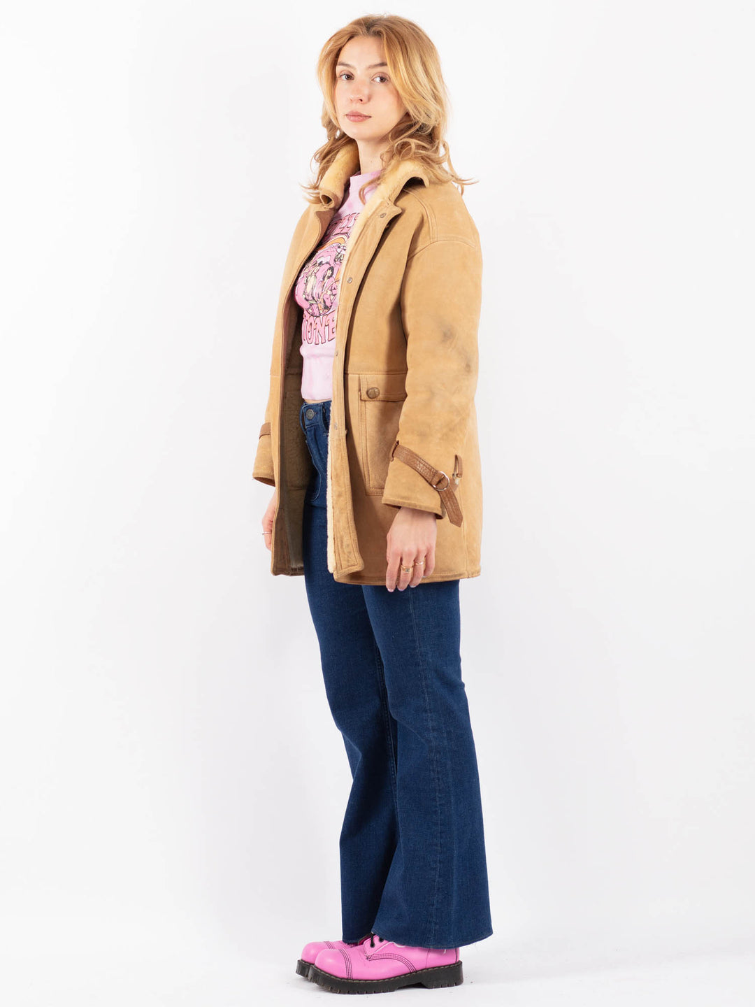 Vintage 70's Women Sheepskin Shearling Coat in Beige