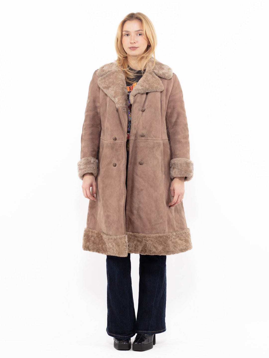 Vintage 70's Women Sheepskin Coat in Beige