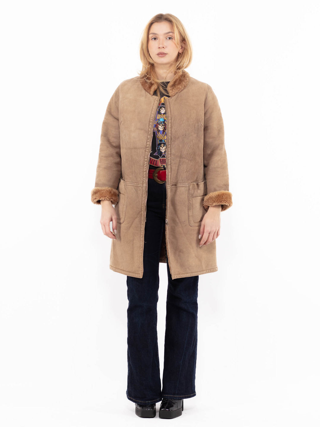 Vintage 80's Women Sheepskin Coat in Beige