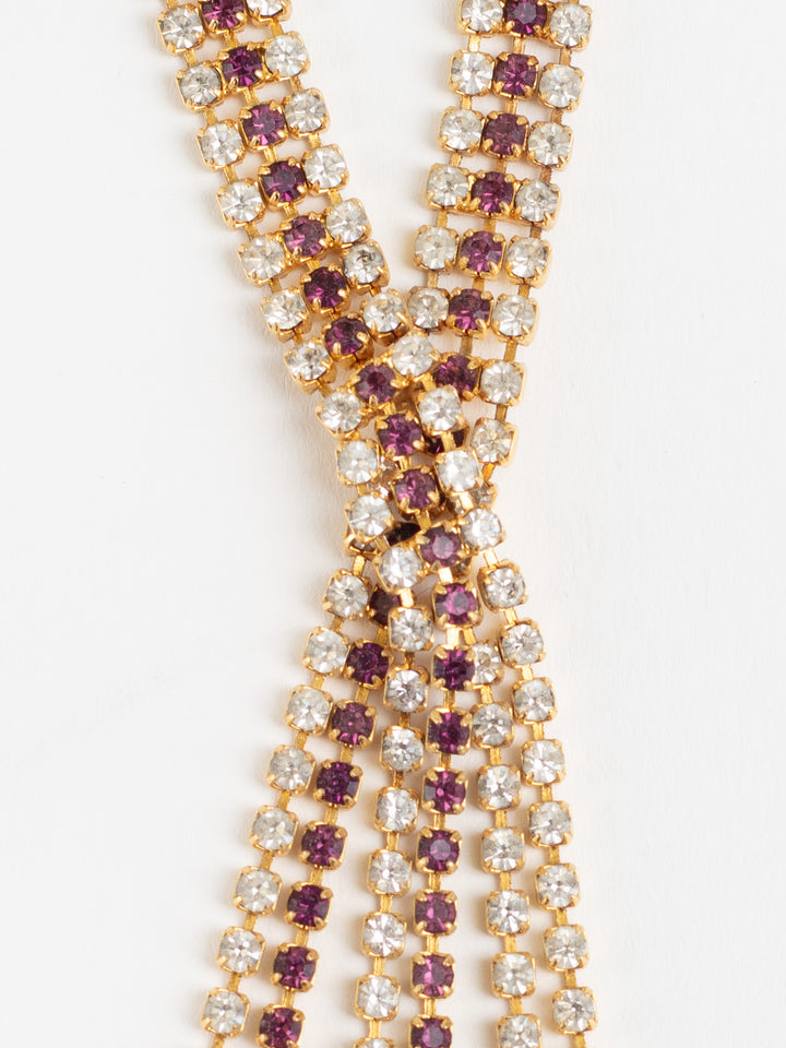 Vintage 80. gadu zelta toņa kaklarota ar violetiem un caurspīdīgiem rhinestones dimantiem