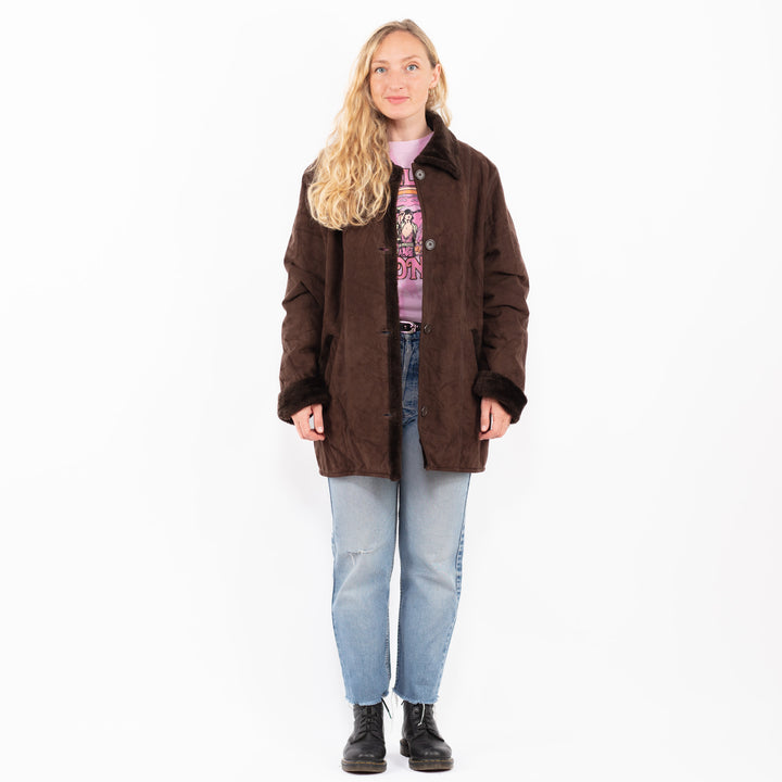 Vintage 90's Women Faux Sheepskin Coat in BrownA0492