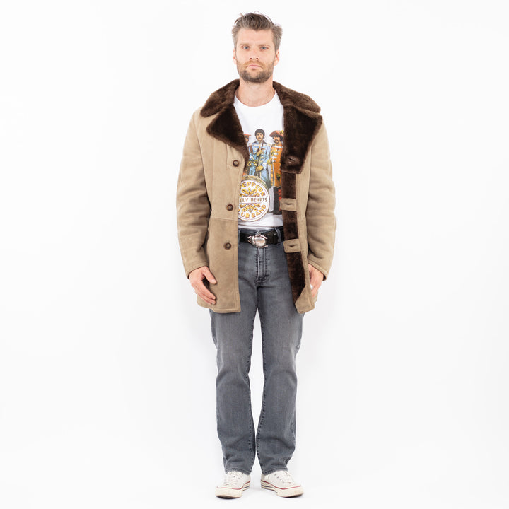 Vintage 70. gadu vīriešu aitādas mētelis bēšā krāsā